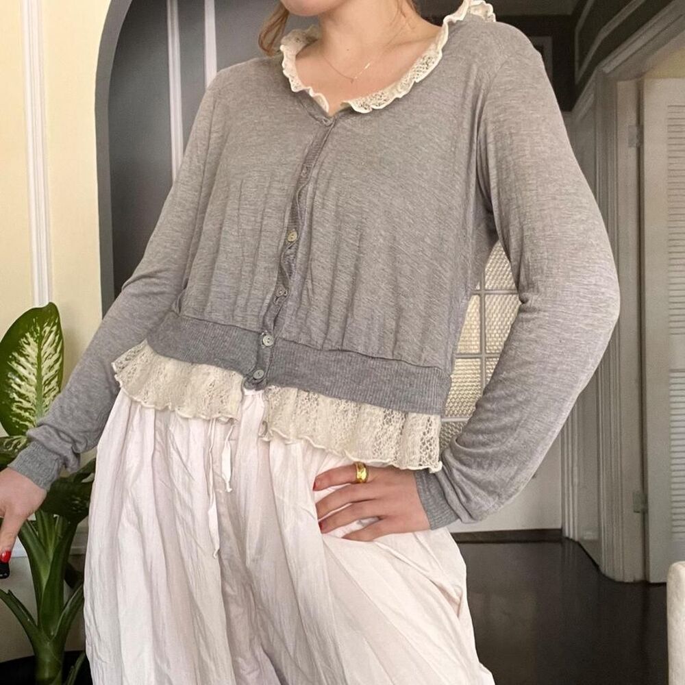Gray micro modal & silk cardigan with lace trim and button up front